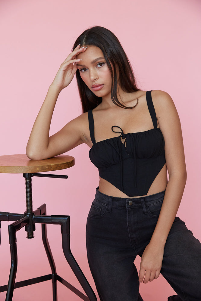 pink and black ruched corset crop top