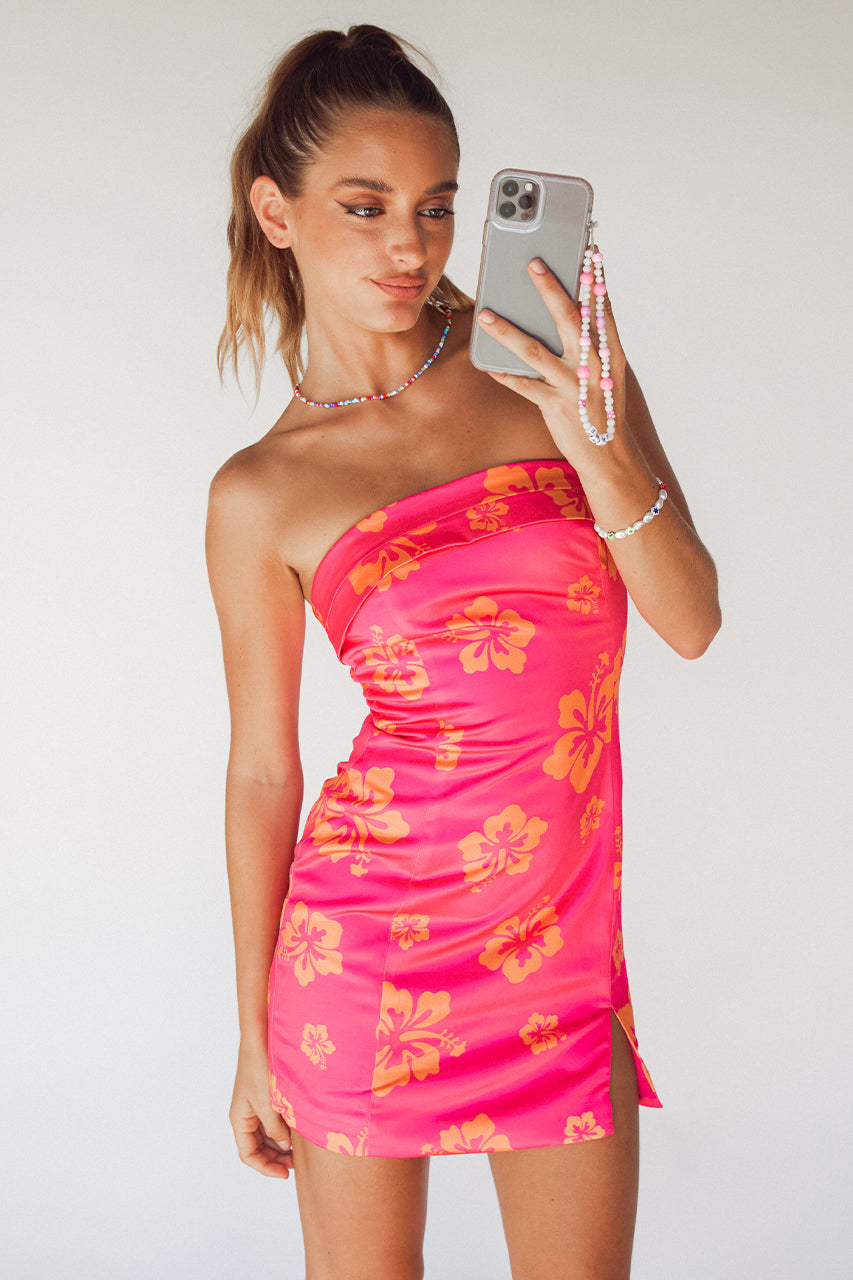 pink and orange floral satin dress