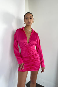 pink satin ruched collared mini dress