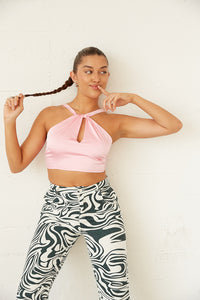 Pink satin twist halter top