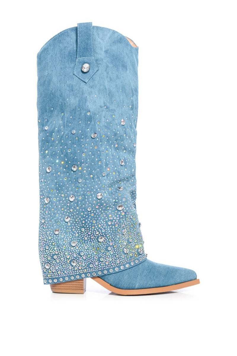 denim fold over boots with silver rhinestones and aura studs