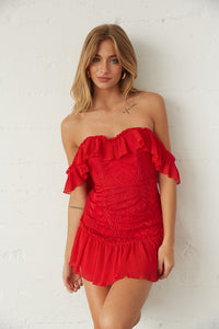 Front view of red lace dress