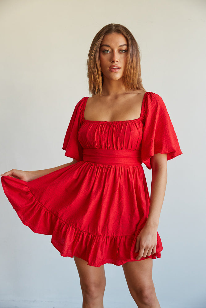 Red puff mini dress