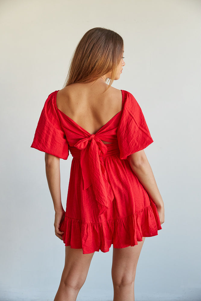 Red back tie mini dress