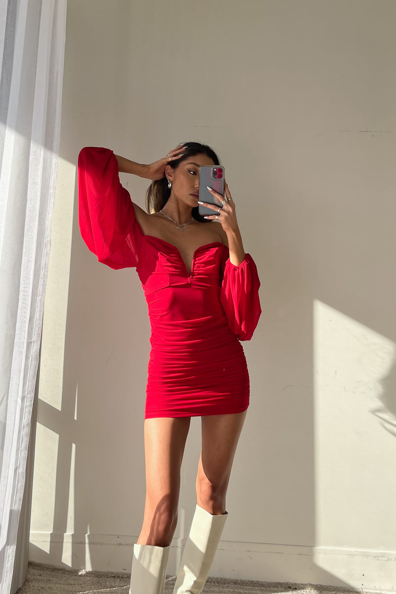 Red puff sleeve mini dress