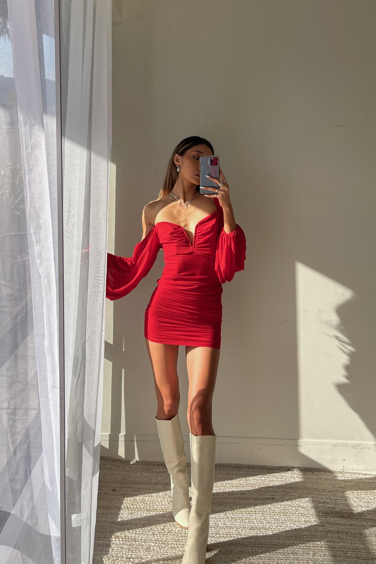 Red puff sleeve dress