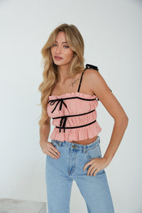 pink and black contrast crop top - pink ruffle top with black ribbon - cute girly tops - valentines day top - coral tiered ruffle crop top