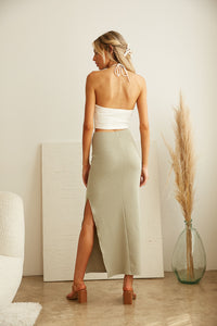 Back view of sage ribbed skirt