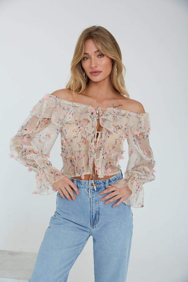 floral off- the-shoulder blouse - sheer chiffon floral top - long sleeve ruffle blouse - floral tie front ruffle top