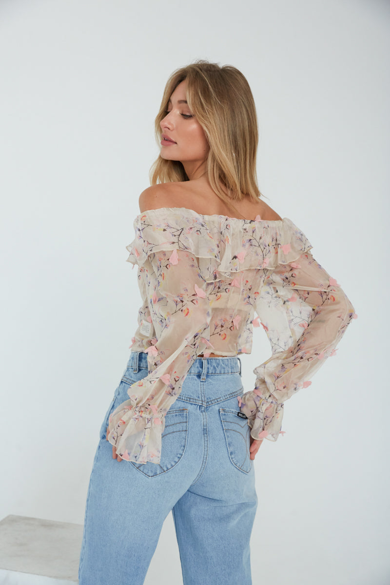 sheer cream floral print blouse - long sleeve sheer chiffon top - balloon sleeve chiffon to - long sleeve off-the-shoulder floral top - feminine chiffon blouse