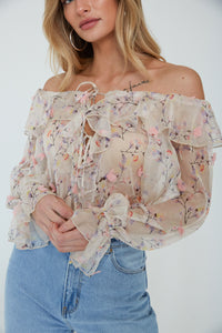 sheer long sleeve floral blouse - off-the-shoulder chiffon top - balloon sleeve spring blouse - romantic tie front floral top