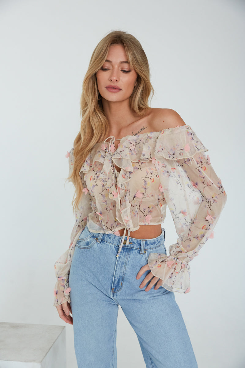floral tie front chiffon blouse - cream floral long sleeve top - off-the-shoulder chiffon crop top - cute spring top - girly floral tops