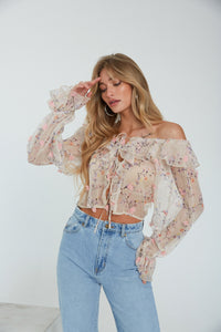 sheer cream floral blouse - long sleeve chiffon top - tie front balloon sleeve floral blouse - springtime tops