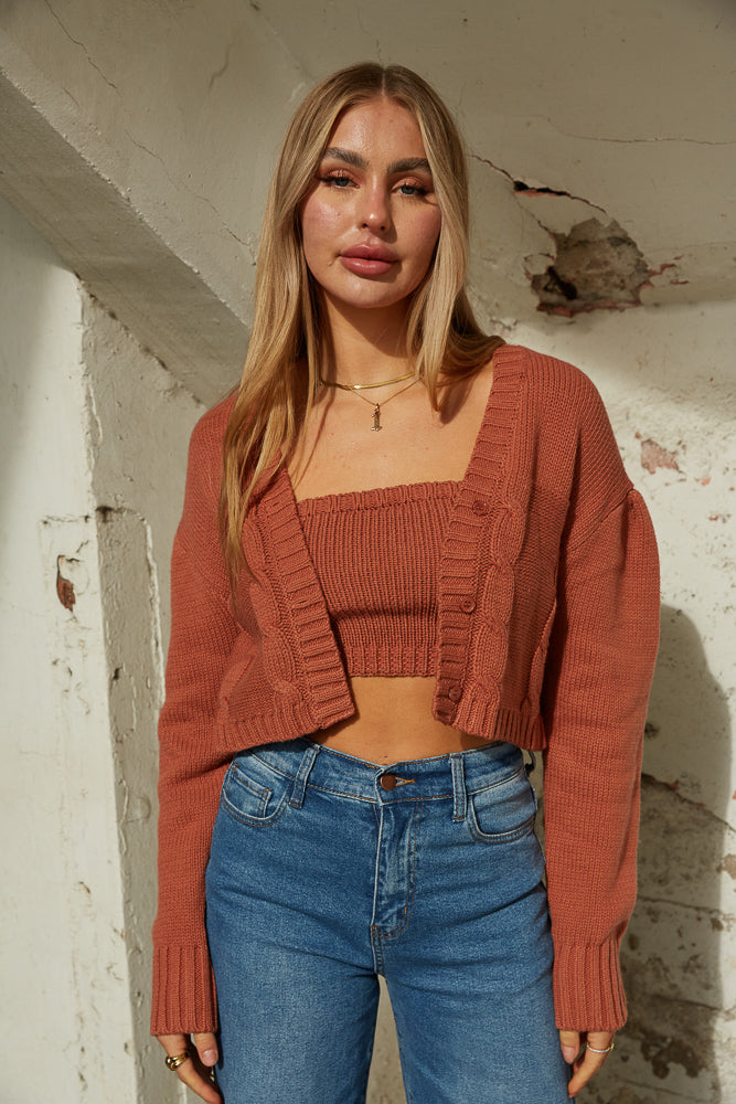 Cropped knitted cardigan and tube top