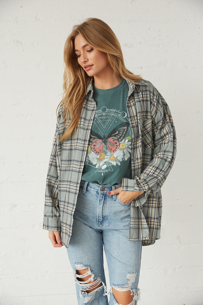 front view of sage flannel shirt