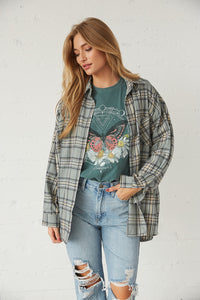 front view of sage flannel shirt