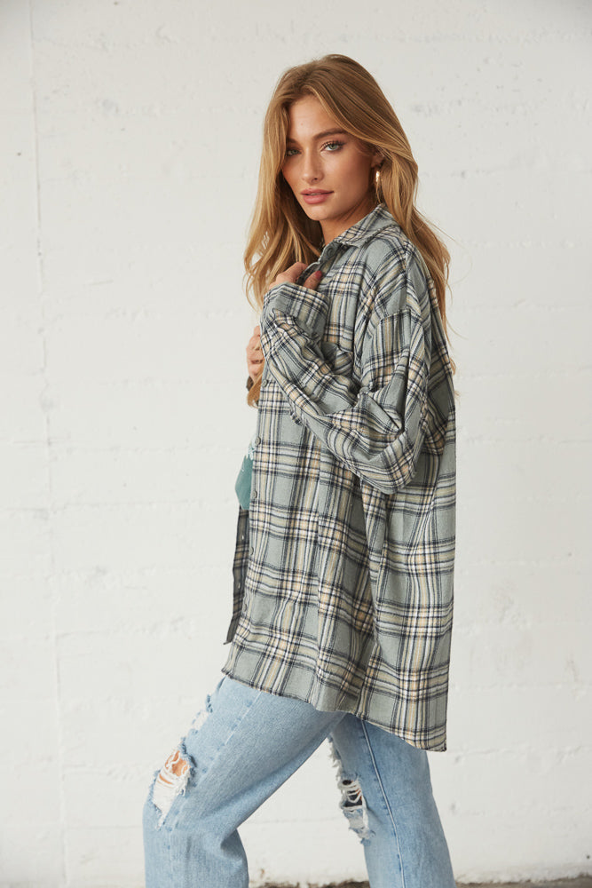 side view of sage flannel shirt