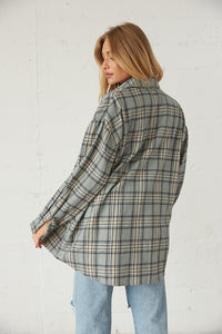back view of sage flannel shirt