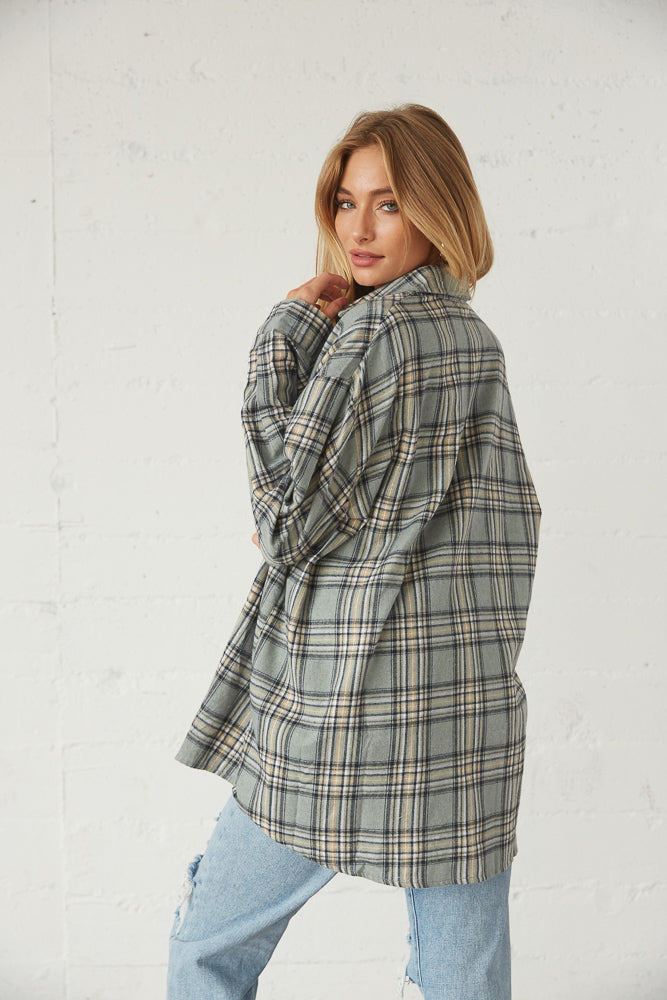 back view of sage flannel shirt