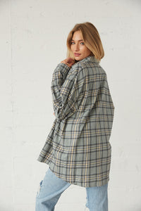 back view of sage flannel shirt