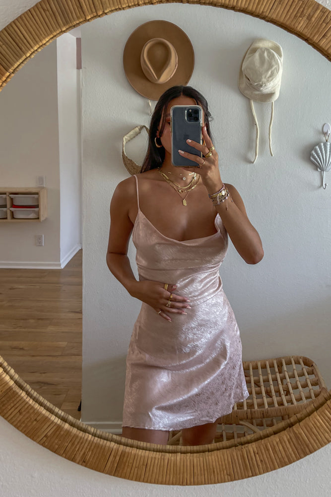mirror selfie in champagne satin cowl dress