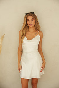 front view of white satin mini dress