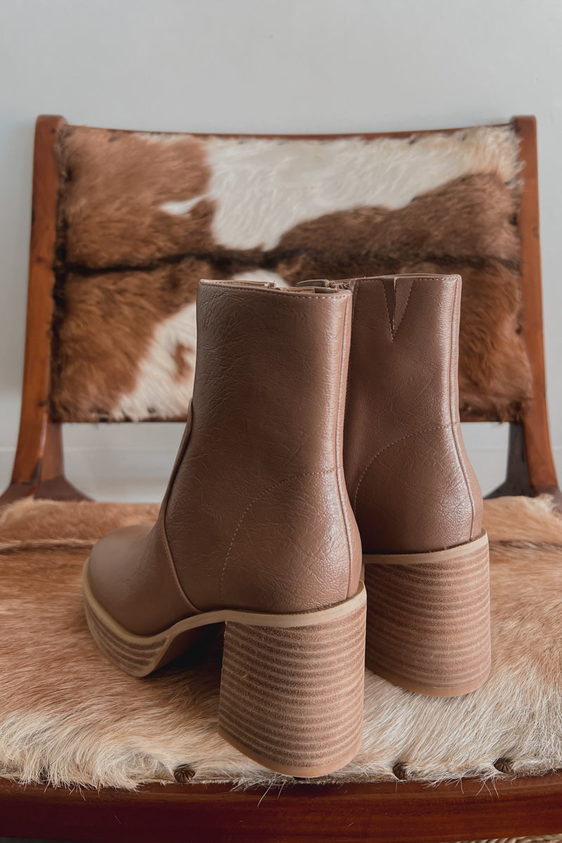 stacked heel light brown boots 