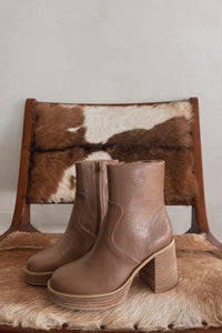 trendy west coast fashion - brown leather booties with stacked block heel and platform  -  revolve ruby platform boot dupe