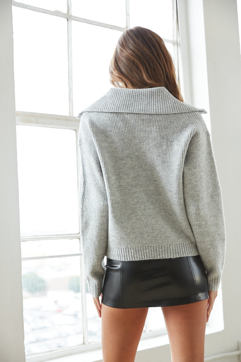grey collared ribbed sweater outfit