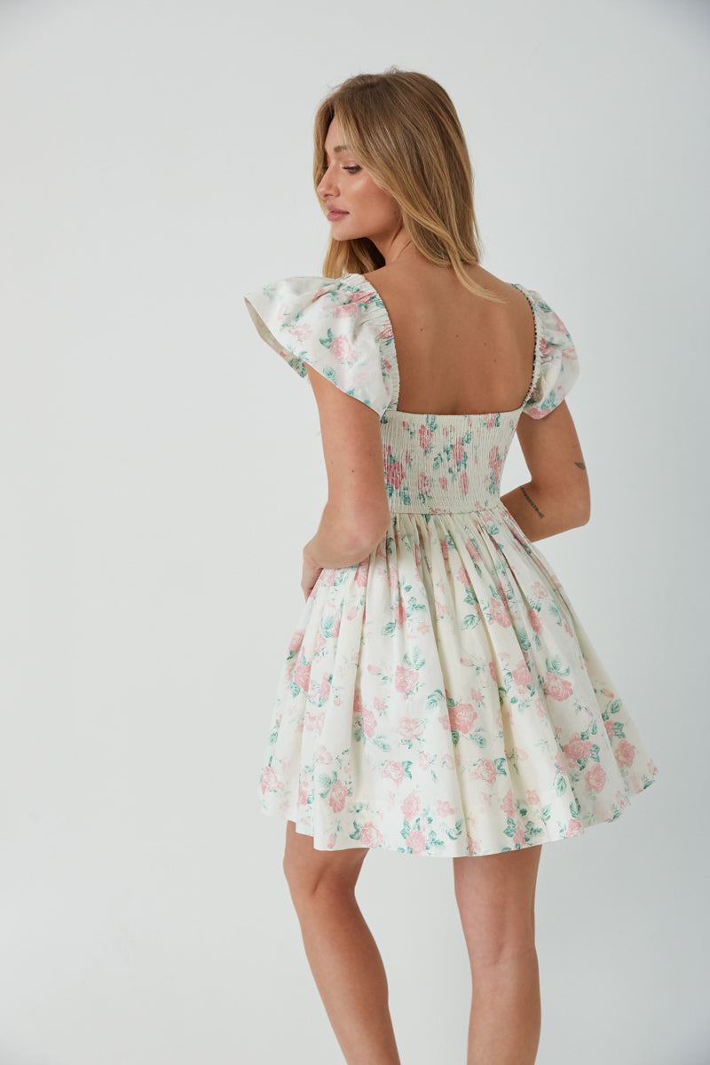 cream floral mini dress - girly babydoll style dress - easter dress