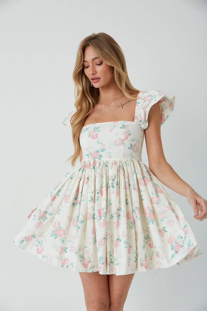 floral rose babydoll dress - square neck feminine mini dress - floral dresses for spring