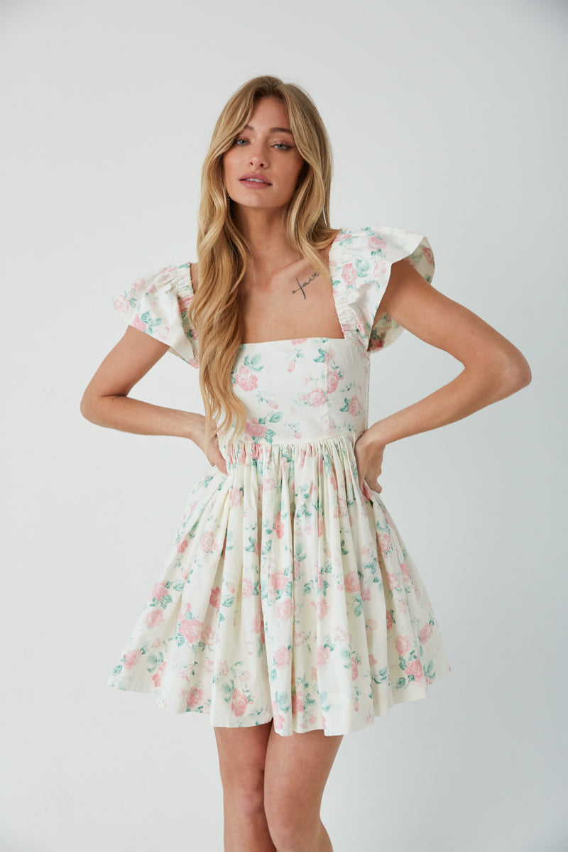 square neck babydoll dress - rose print mini dress - ruffle sleeve babydoll dress for spring