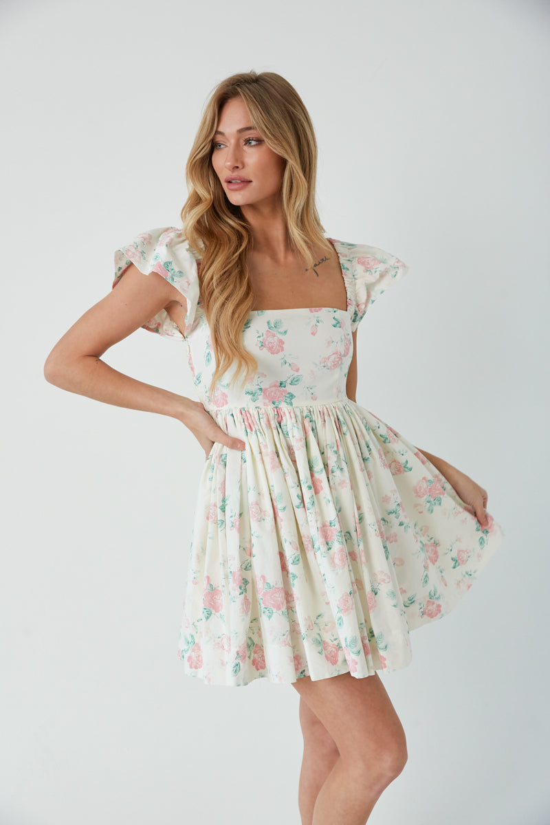 rose print mini babydoll dress - cream floral mini dress - feminine spring dresses