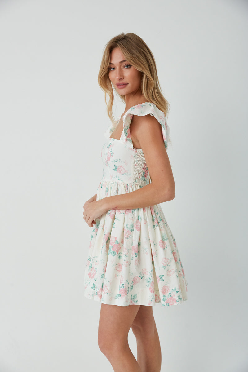 floral sorority dress - cream floral easter dress - girly mini dress for spring