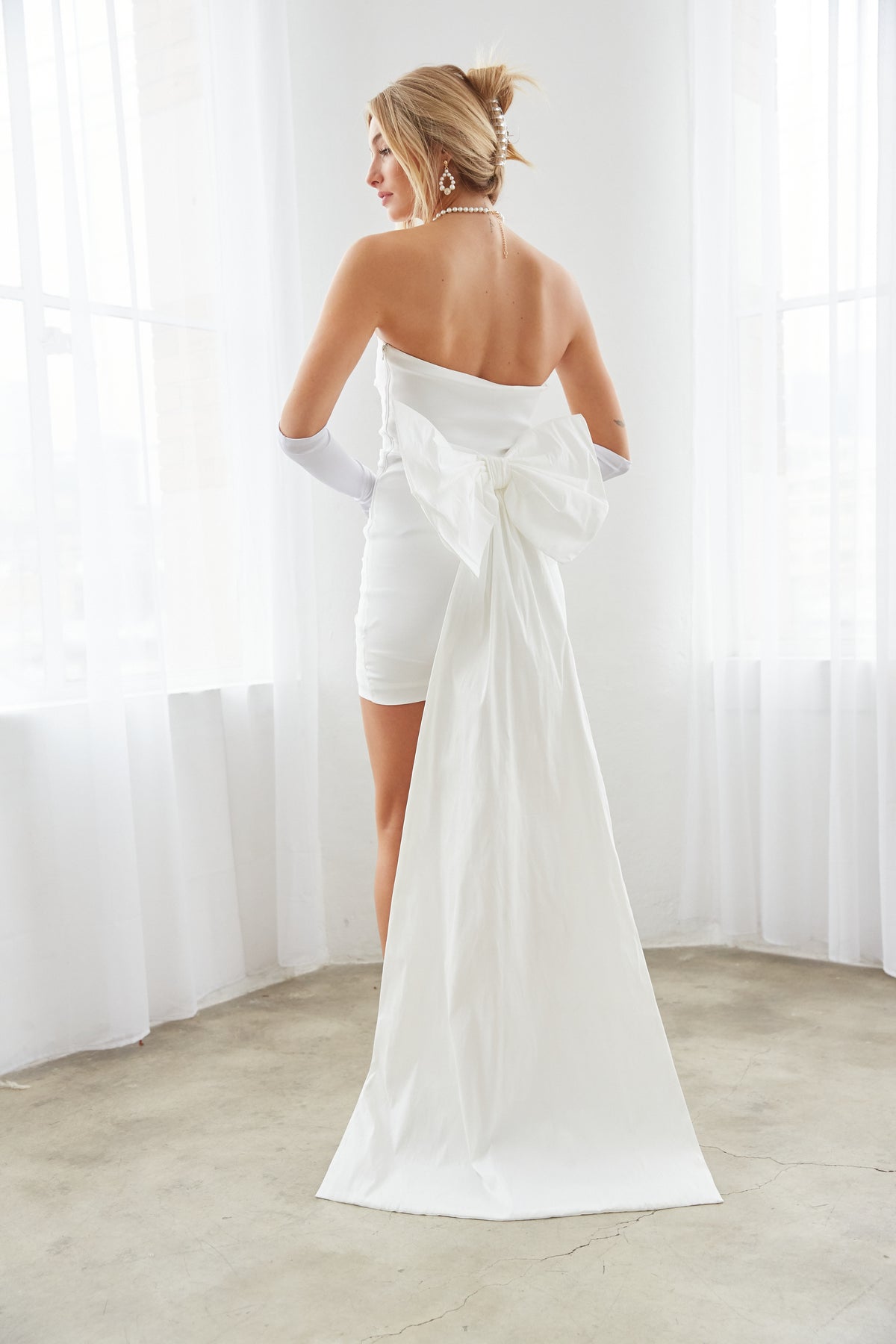 Valencia Bodycon Bow Train Mini Dress | Shop American Threads Boutique White / L Valencia Bodycon Bow Train Mini Dress | Shop American Threads Boutique White / L