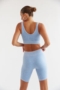 blue matching workout shorts set