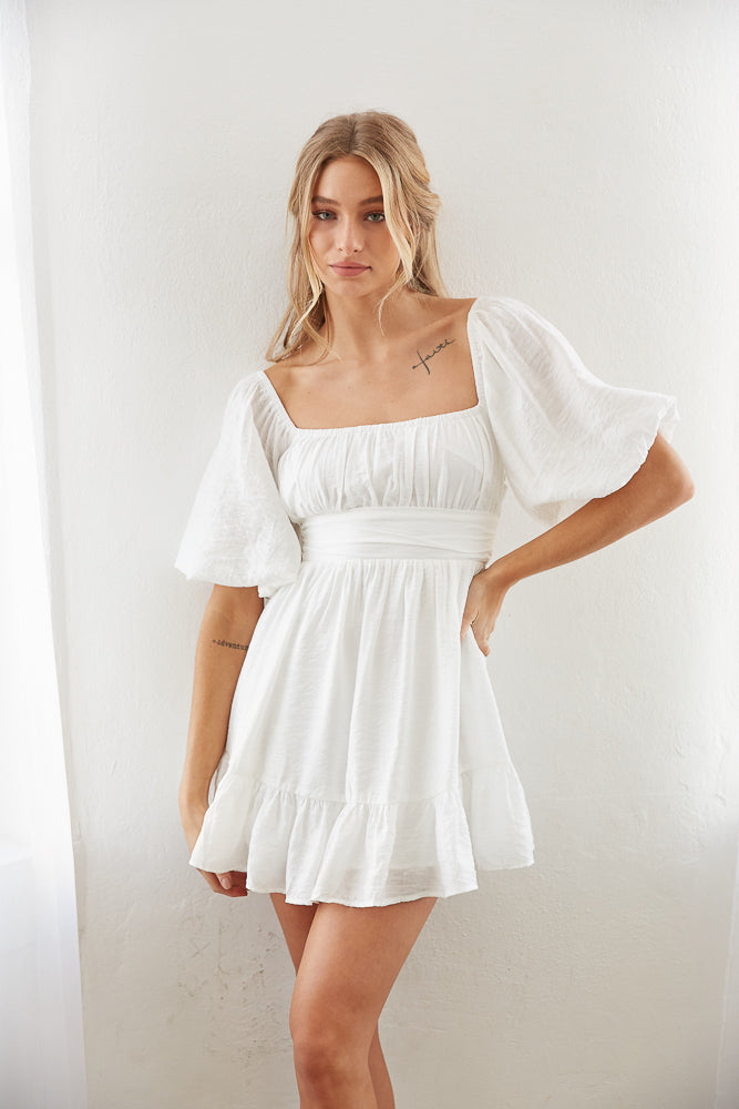 white puff mini dress