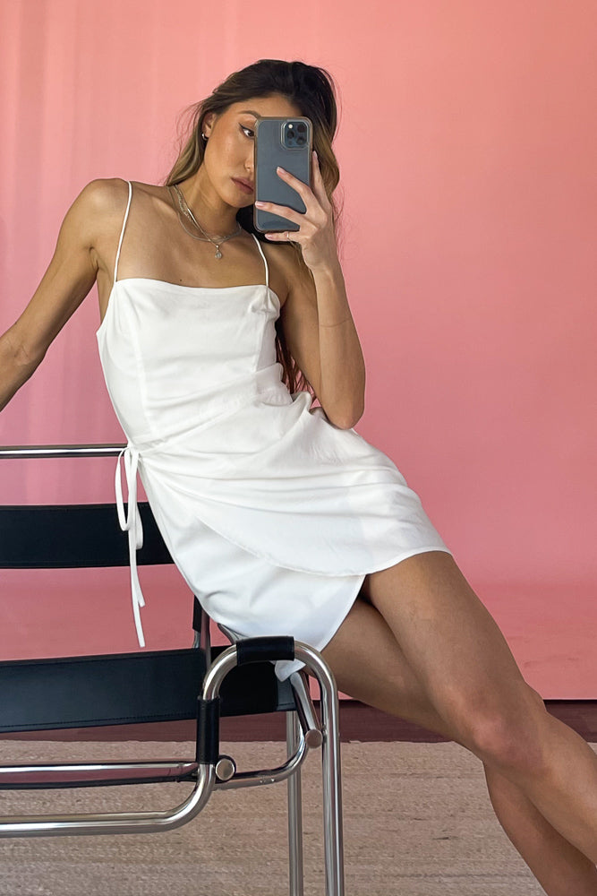 white mini dress for sorority rush - wrap spaghetti strap mini dress