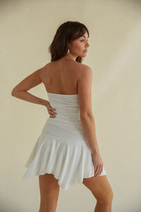 white fit and flare mini dress - strapless mini dress for spring - white dress for any occasion