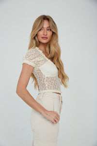 sheer lace crop top with lined bust - sweet lace crop top - ivory lace ruffle top - cream puff sleeve crop top with lace detailing - girly lace crop top