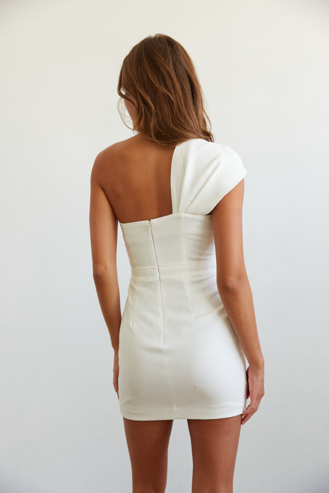 back view white dress for bridal shower - one shoulder white mini dress with twisted front | graduation dresses
